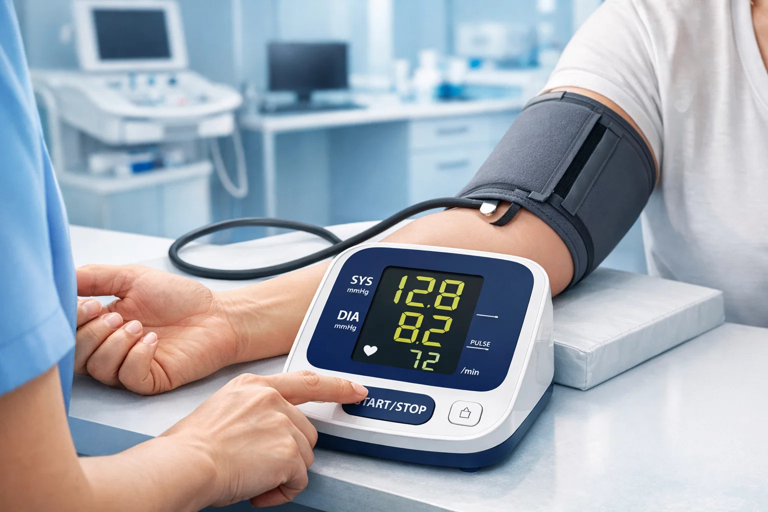 Medical illustration showing blood pressure measurement with digital monitor displaying readings on patient's arm, modern clinical setting with blue and white tones
