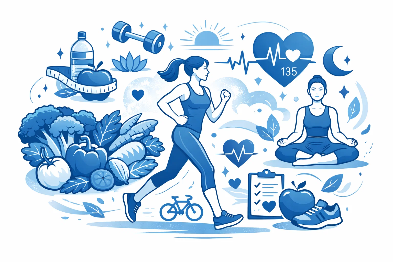 Healthy lifestyle concept illustration showing person exercising, fresh vegetables, heart rate monitor, and wellness symbols in blue and white color scheme